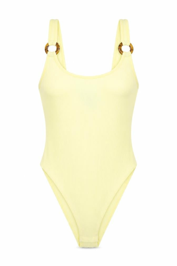 Front view of H&M women’s yellow polyester bodysuit one-piece, size S, snap