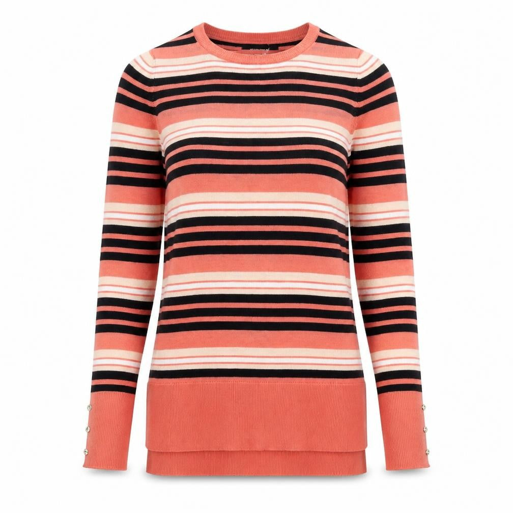 Front view of Atmosphere women’s pink round neck striped acrylic jumper, size UK 4