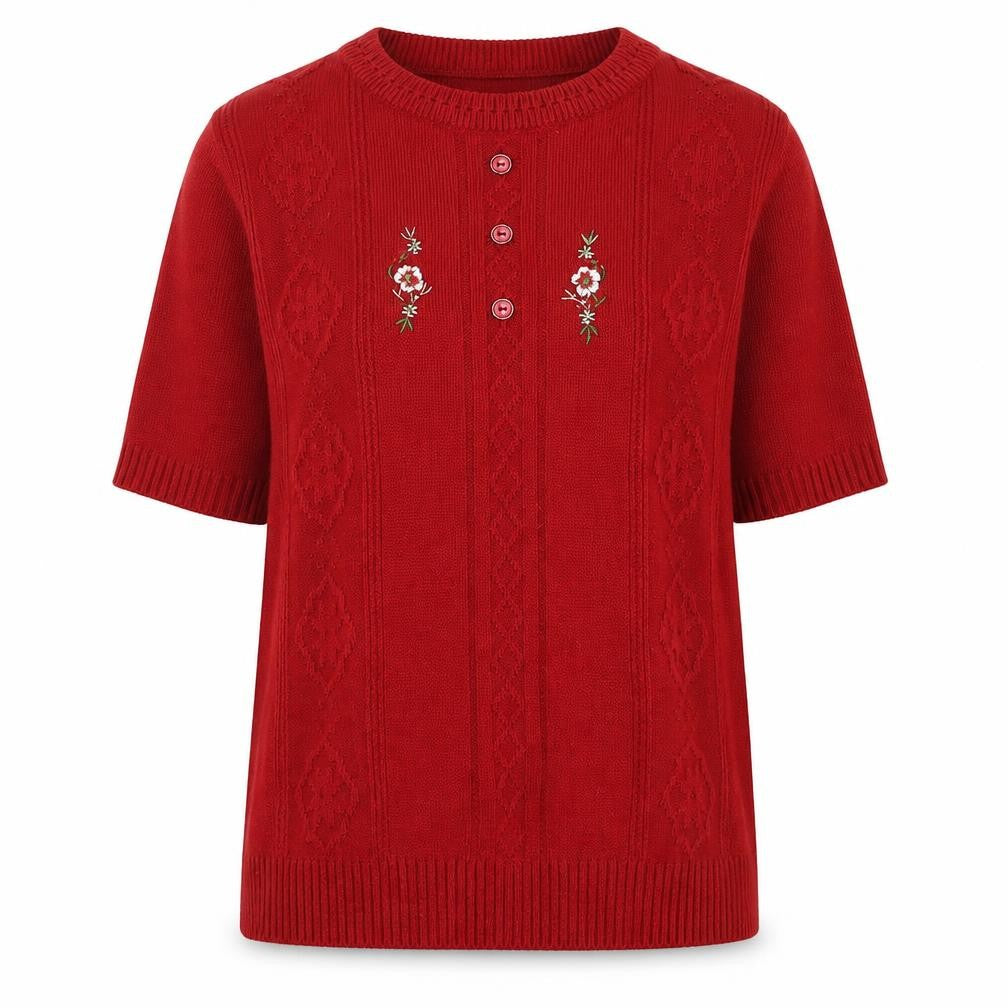 Front view of Gold Leaf women’s red round neck acrylic jumper, size S