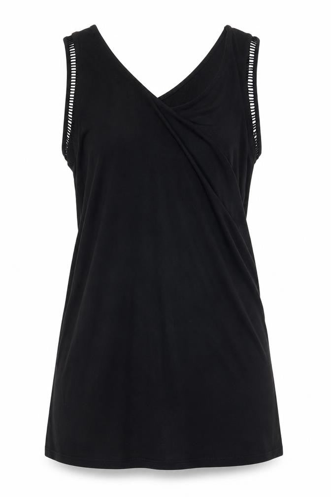 Front view of Liz Lange women’s black viscose basic tank, size XS, v-neck