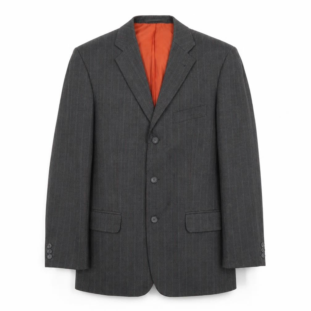 Front view of Preworn men’s grey striped polyester jacket suit jacket, size 40, regular