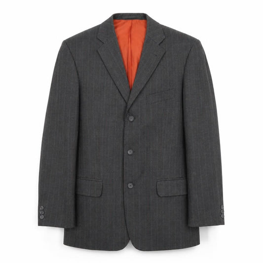 Front view of Preworn men’s grey striped polyester jacket suit jacket, size 40, regular