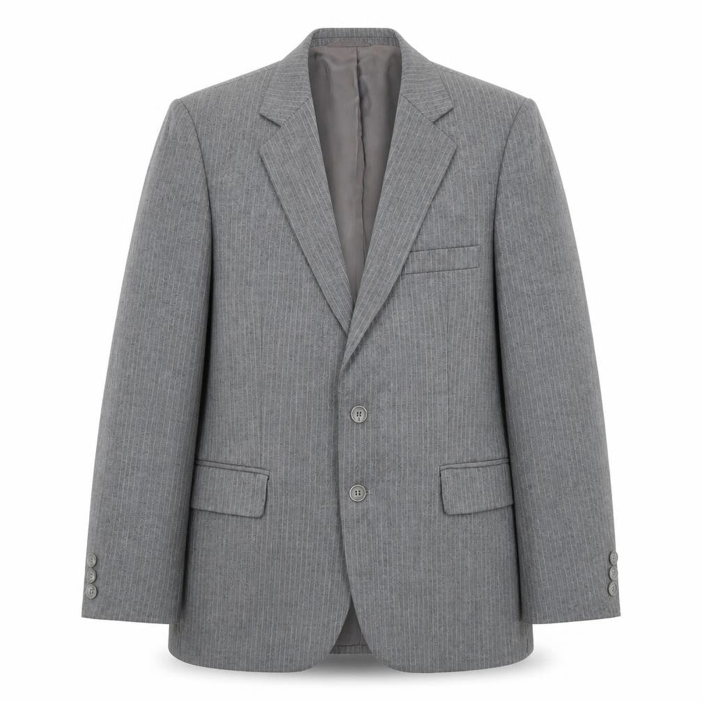 Front view of Preworn men’s grey striped wool jacket suit jacket, size 42, regular