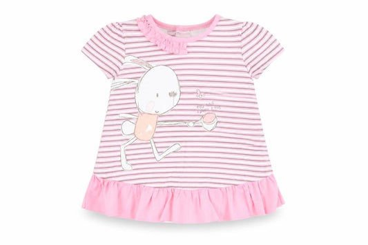 Front view of Next girls’ pink striped 100% cotton basic blouse, size 3-6, months round neck button - bunny