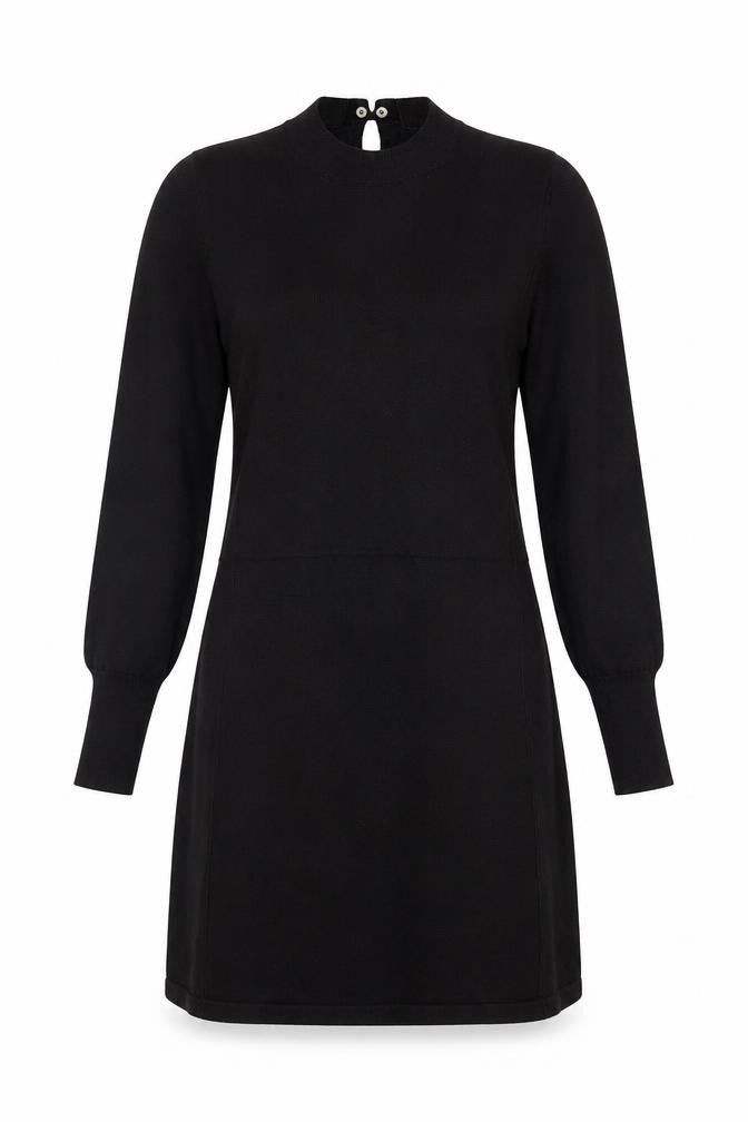 Front view of Oasis women’s black camel a-line, size S, round neck button