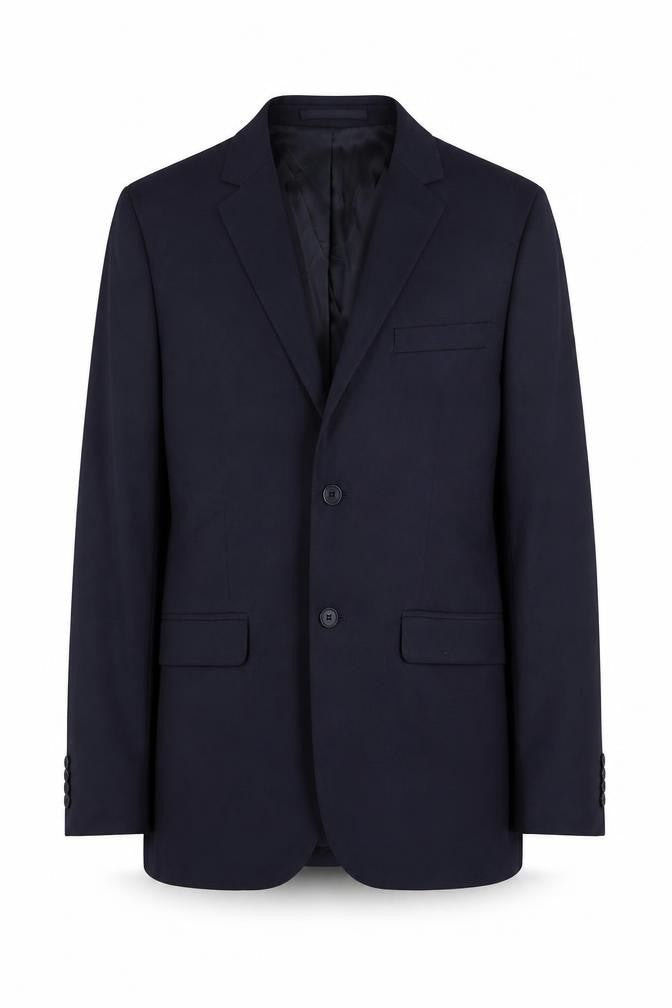 Front view of H&M men’s blue cotton jacket suit jacket, size 34, regular