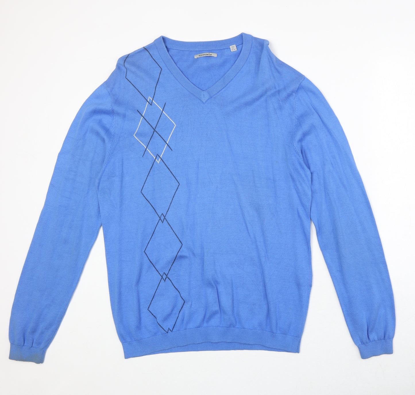 Ashworth Mens Blue V-Neck 100% Cotton Pullover Jumper Size L Long Sleeve