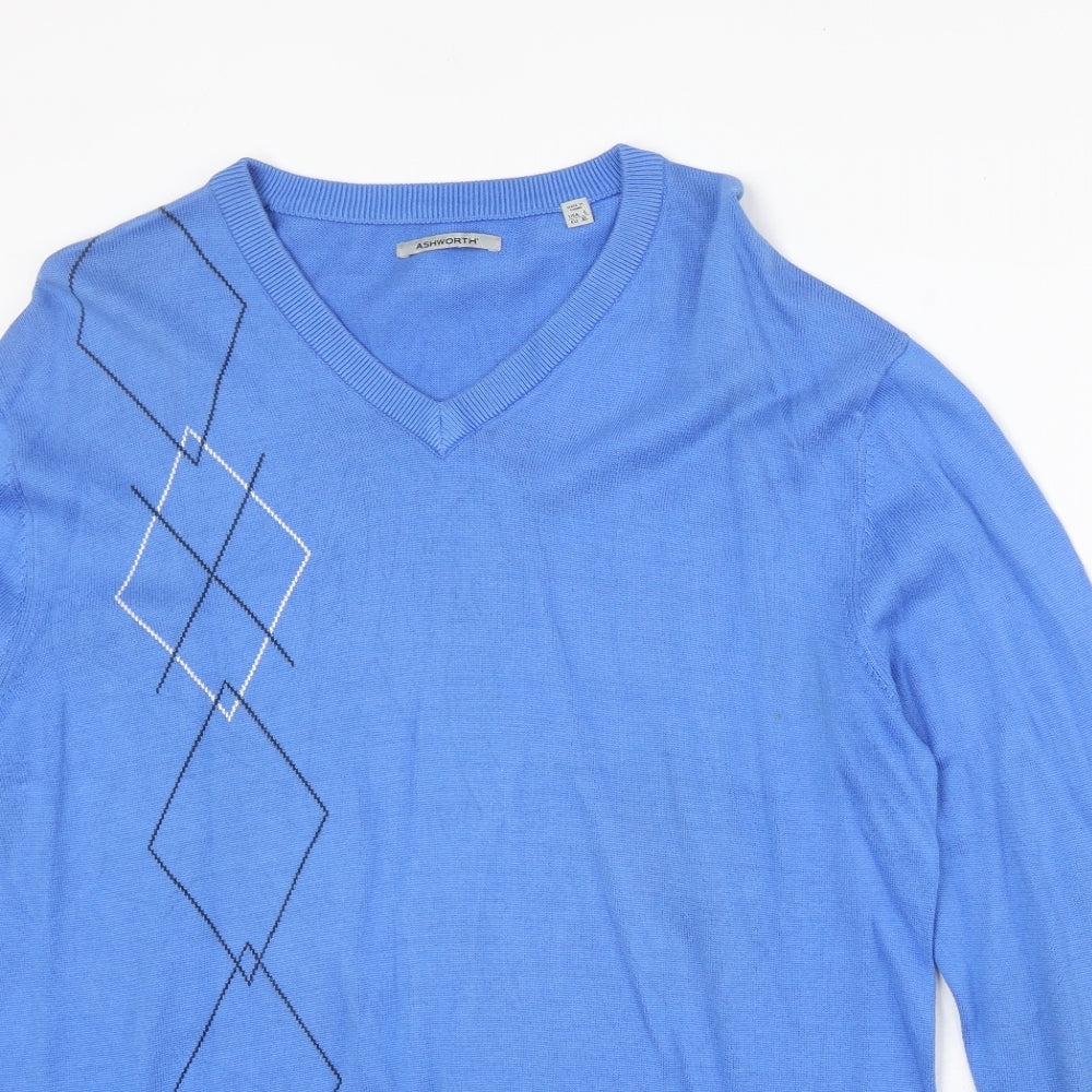 Ashworth Mens Blue V-Neck 100% Cotton Pullover Jumper Size L Long Sleeve
