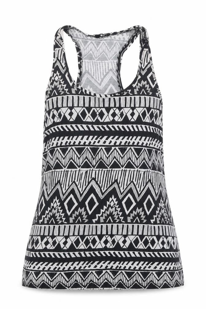 Front view of TALLY WEiJL women’s black geometric viscose basic tank size 2xs round neck