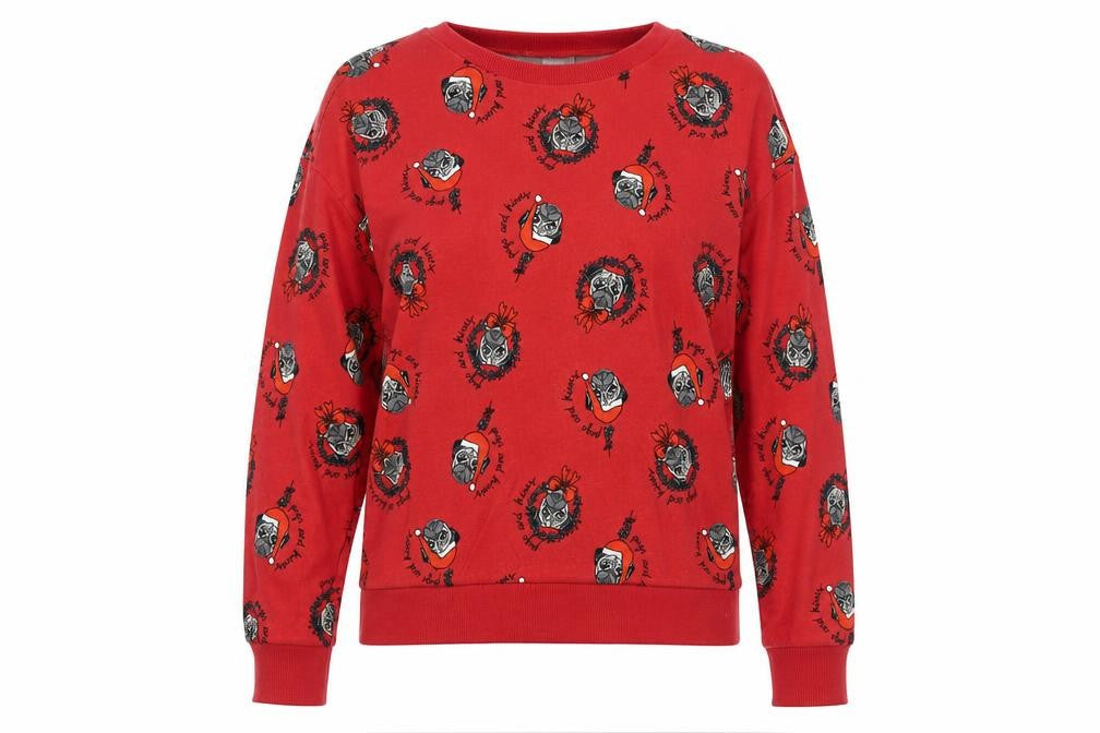 Divided by H&M Womens Red Geometric Cotton Pullover Sweatshirt Size XS Pullover - Christmas Pug