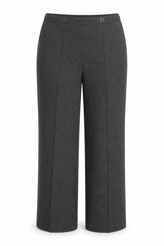 Front view of Bonmarché women’s grey polyester trousers, size UK 14, regular
