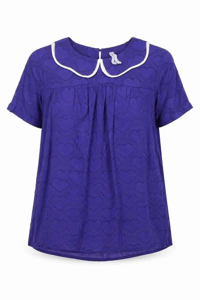Front view of Preworn women’s blue geometric 100% cotton basic blouse, size UK 10, collared - hearts