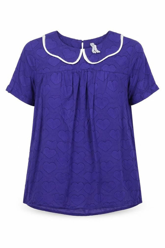 Front view of Preworn women’s blue geometric 100% cotton basic blouse, size UK 10, collared - hearts