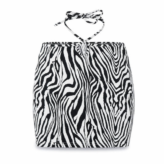 Front view of SHEIN women’s white animal print polyester bandage skirt, size M, tie - zebra pattern
