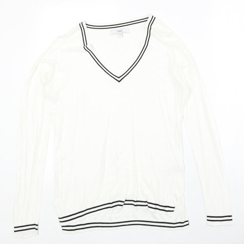 NEXT Womens Ivory V-Neck Viscose Pullover Jumper Size 10 Pullover - Stripe Detail