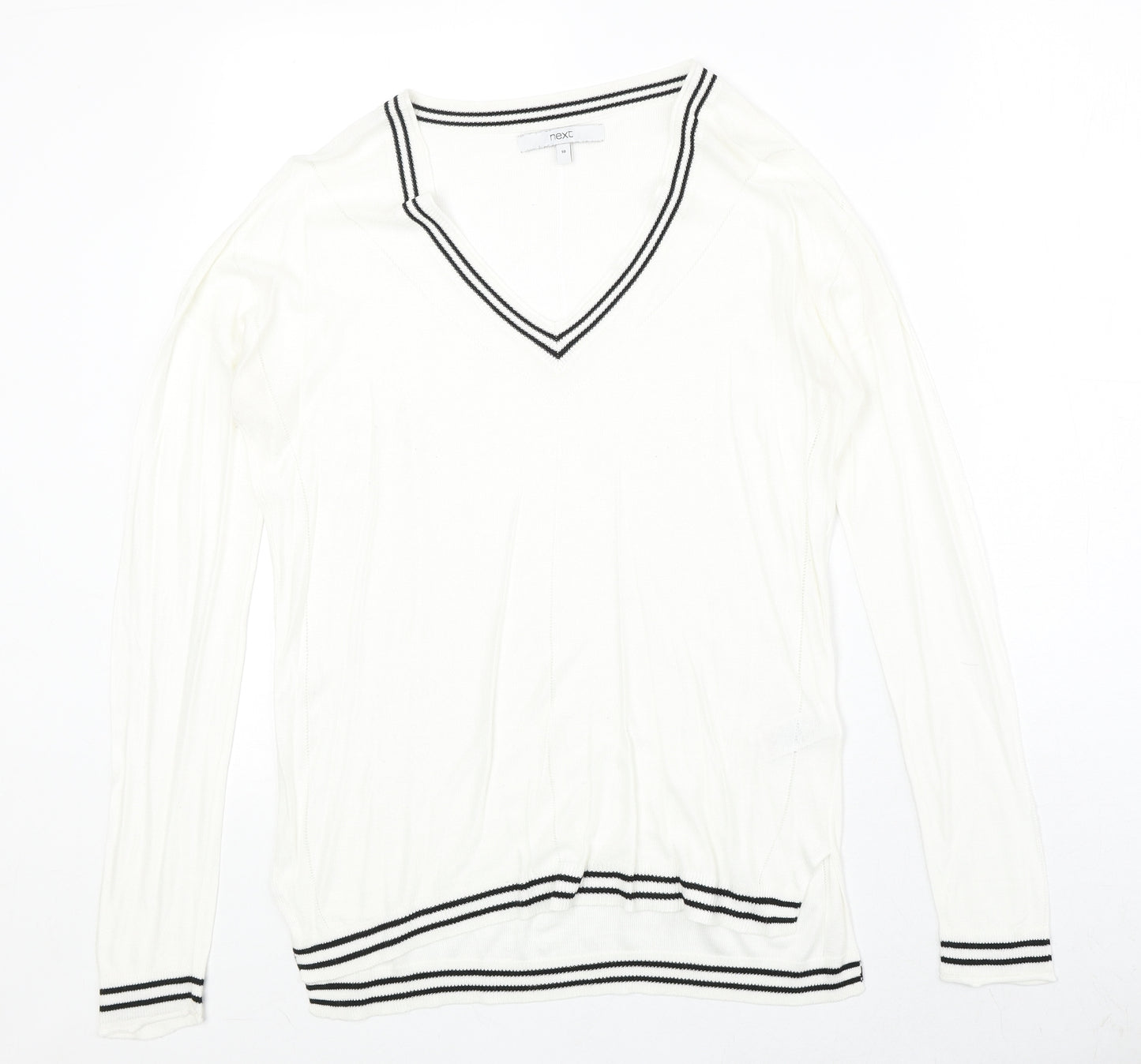 NEXT Womens Ivory V-Neck Viscose Pullover Jumper Size 10 Pullover - Stripe Detail