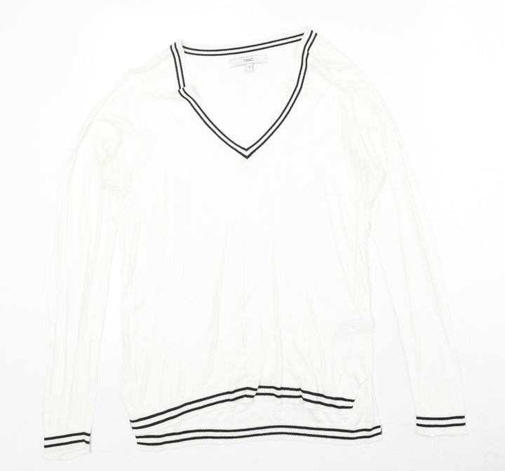 NEXT Womens Ivory V-Neck Viscose Pullover Jumper Size 10 Pullover - Stripe Detail