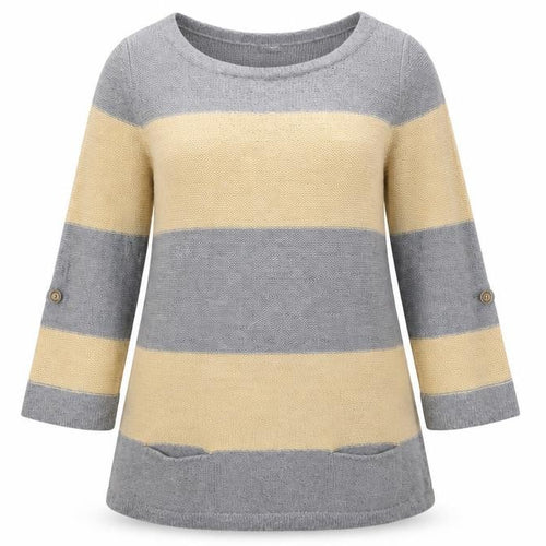 Marks and Spencer Womens Grey Round Neck Striped Acrylic Pullover Jumper Size 14