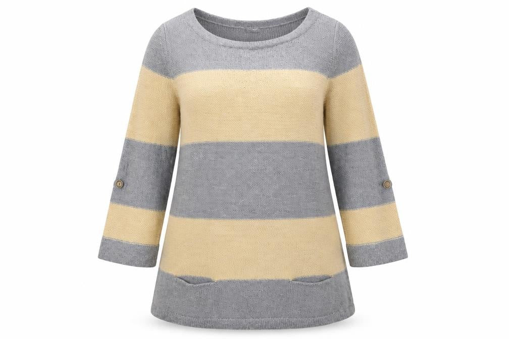 Marks and Spencer Womens Grey Round Neck Striped Acrylic Pullover Jumper Size 14