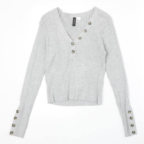 Divided by H&M Womens Grey V-Neck Acrylic Pullover Jumper Size M Button
