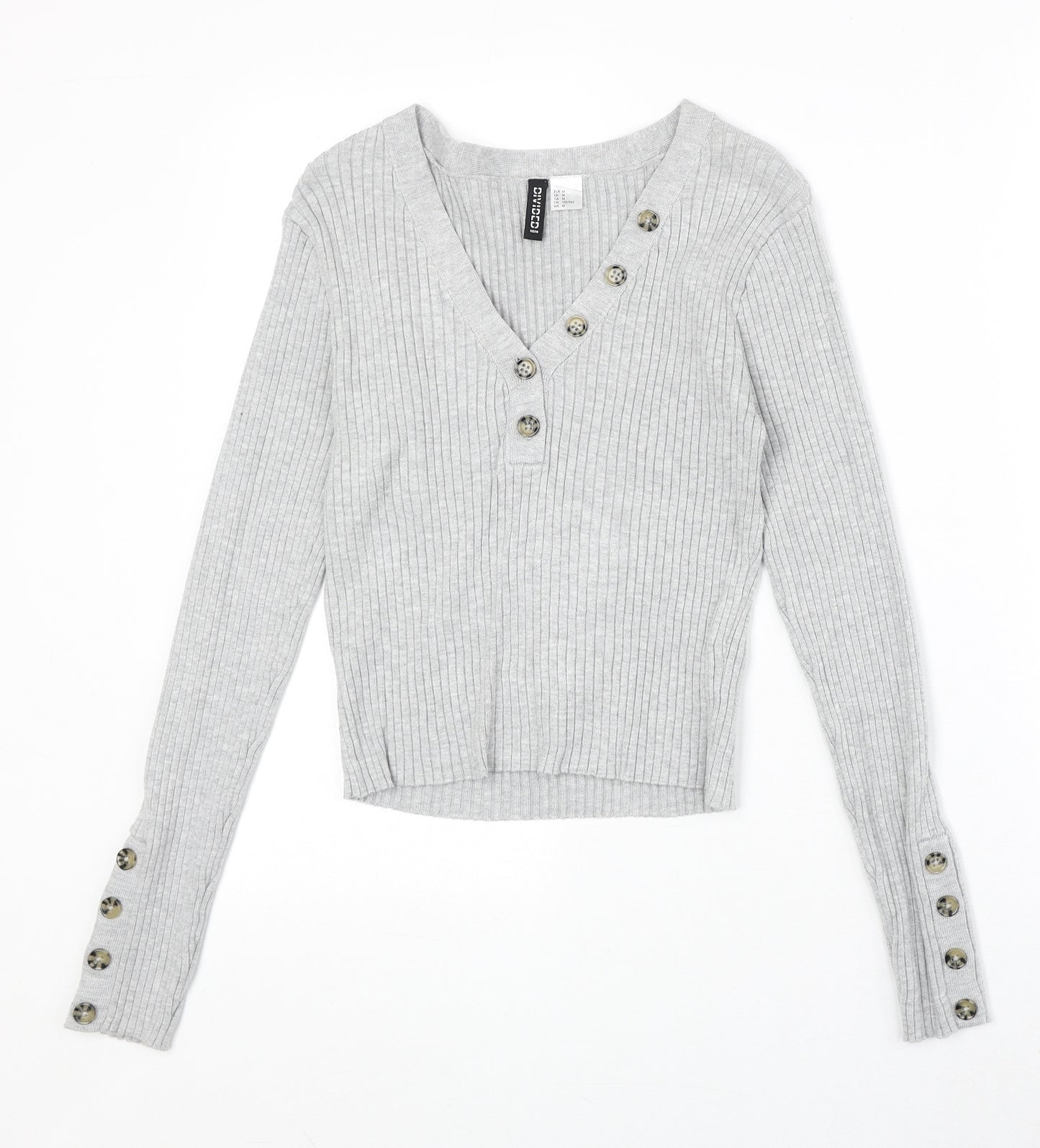 Divided by H&M Womens Grey V-Neck Acrylic Pullover Jumper Size M Button