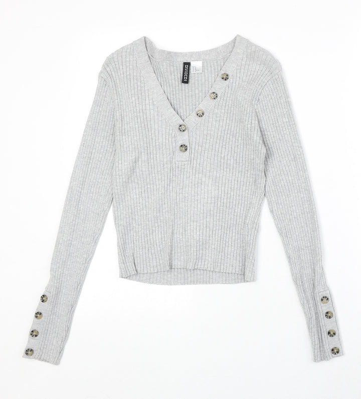 Divided by H&M Womens Grey V-Neck Acrylic Pullover Jumper Size M Button
