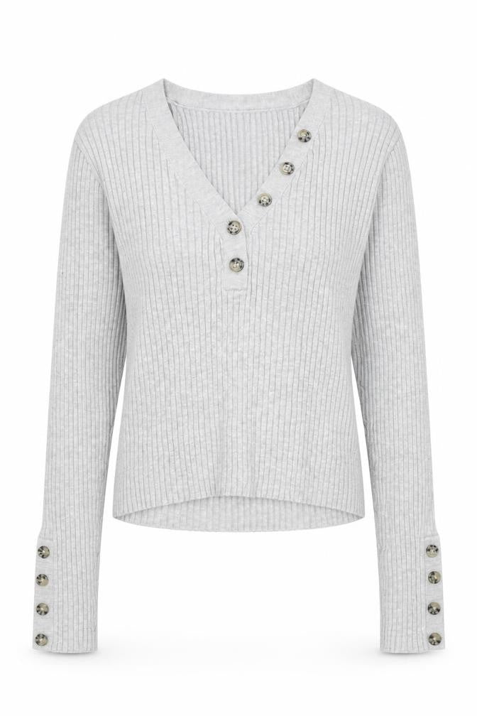 Front view of Divided by H&M women’s grey v-neck acrylic jumper, size M, button