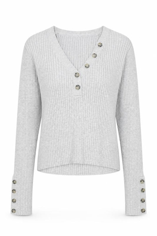 Front view of Divided by H&M women’s grey v-neck acrylic jumper, size M, button