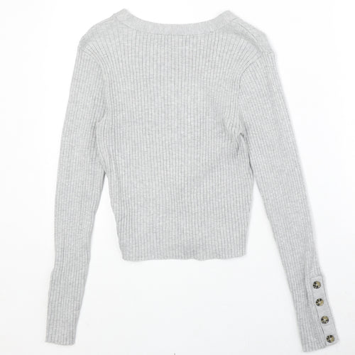 Divided by H&M Womens Grey V-Neck Acrylic Pullover Jumper Size M Button