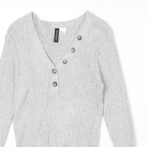 Divided by H&M Womens Grey V-Neck Acrylic Pullover Jumper Size M Button