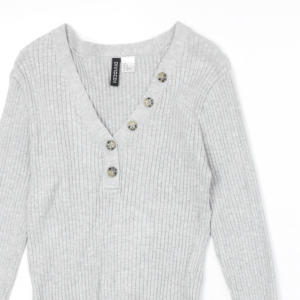 Divided by H&M Womens Grey V-Neck Acrylic Pullover Jumper Size M Button