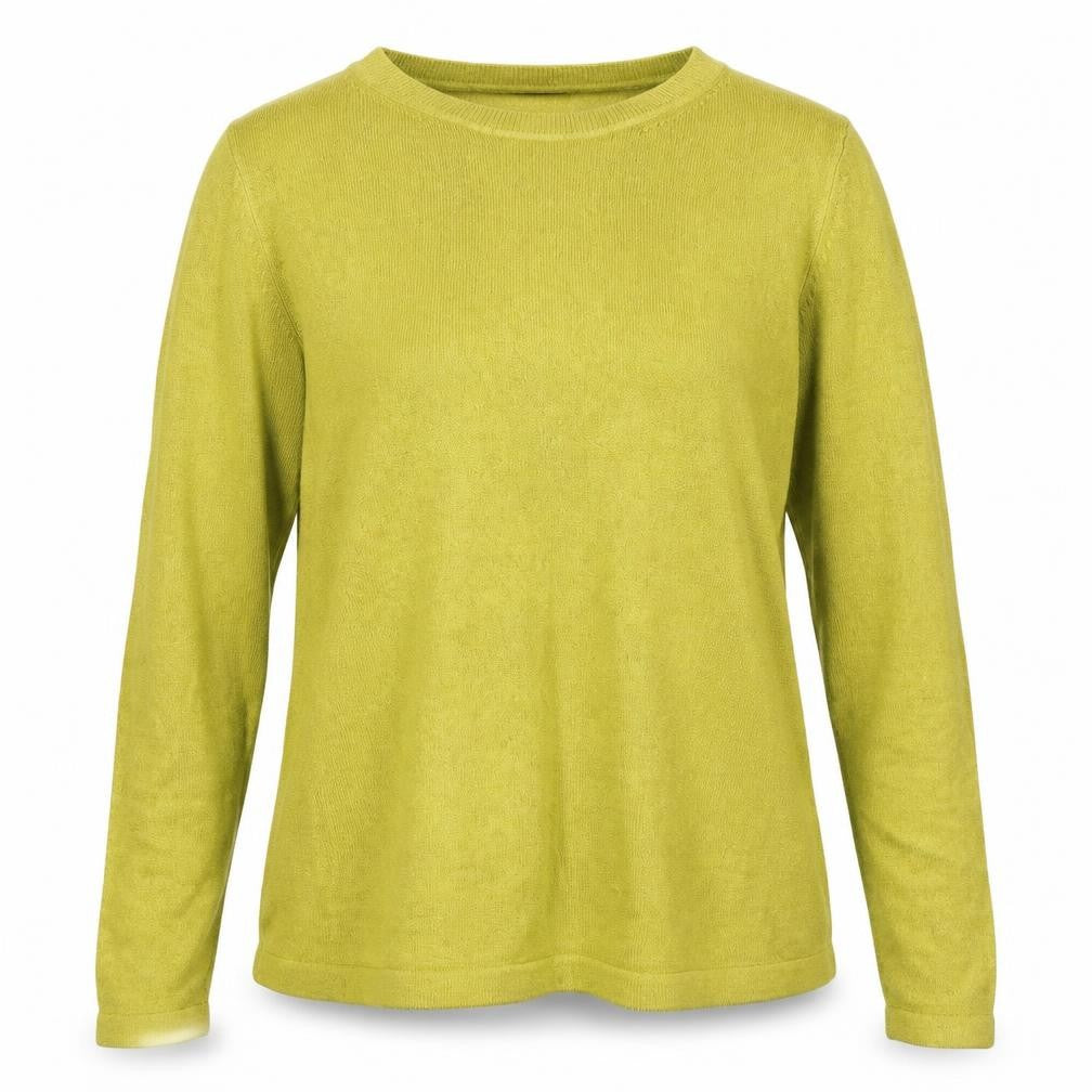 Front view of Marks & Spencer women’s green round neck acrylic jumper, size UK 12