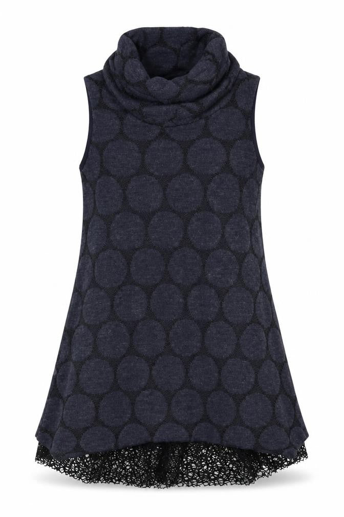 Front view of Apricot women’s blue polka dot polyester trapeze & swing, size UK 8, roll neck pullover