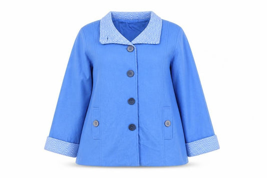 Front view of Anne de Lancey women’s blue jacket, size M, button