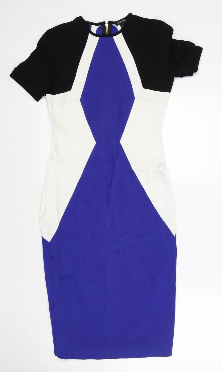 River Island Womens Multicoloured Colourblock Viscose Pencil Dress Size 8 Round Neck Zip
