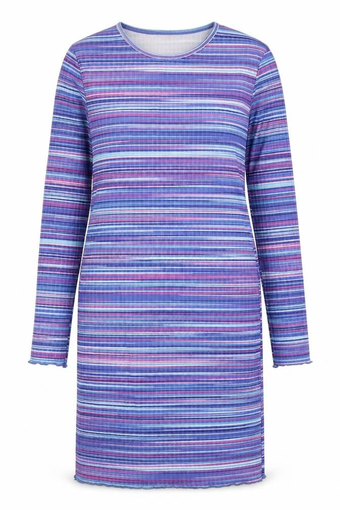 Front view of Mode-ll women’s purple striped polyester a-line, size UK 12, round neck