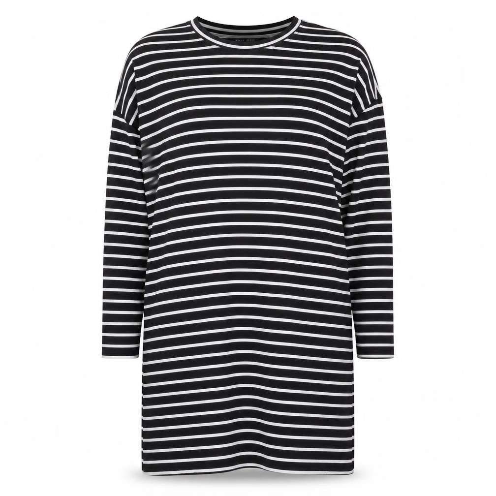 Front view of SHEIN women’s black striped polyester a-line, size M, round neck pullover