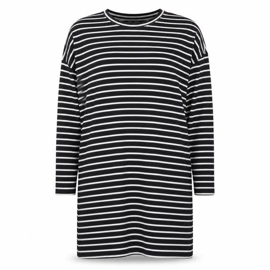 Front view of SHEIN women’s black striped polyester a-line, size M, round neck pullover