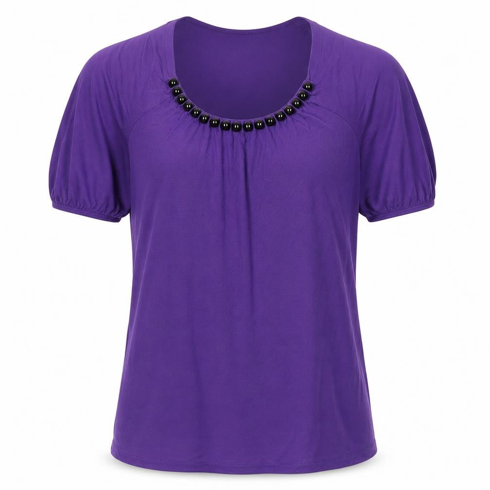 Front view of Signature Experience women’s purple viscose basic blouse, size S, round neck