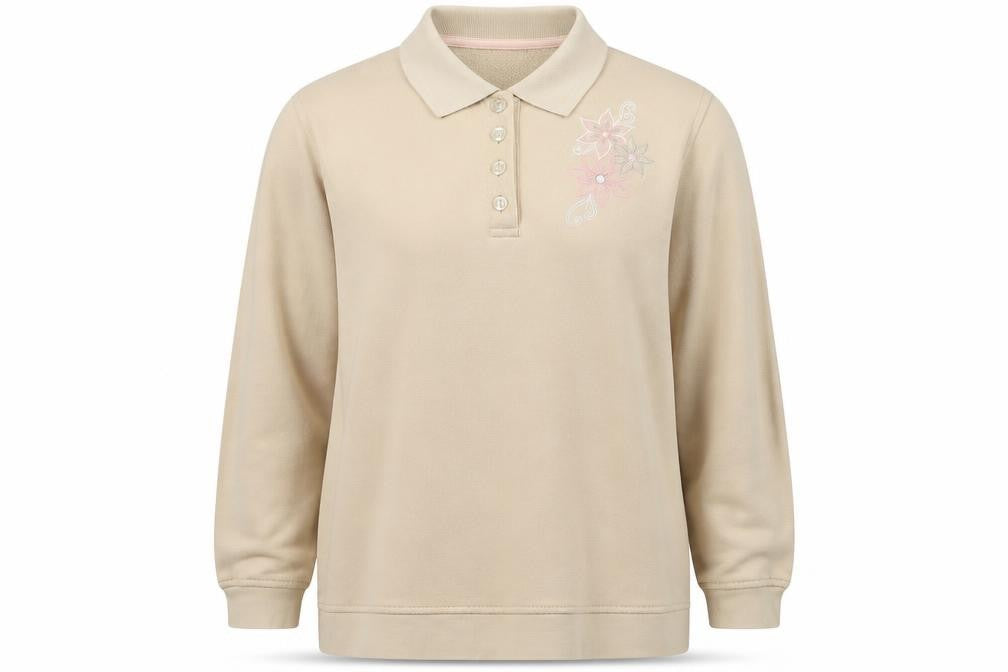 Front view of EWM women’s beige floral cotton pullover sweatshirt, size UK 12, pullover