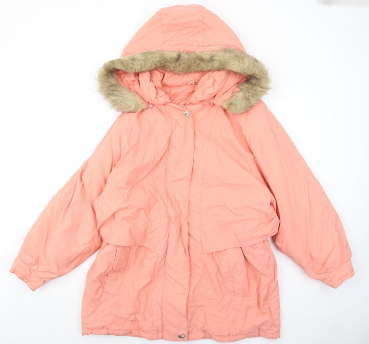 Knightsbridge Womens Pink Parka Coat Size L Zip - Fuax Fur Trim