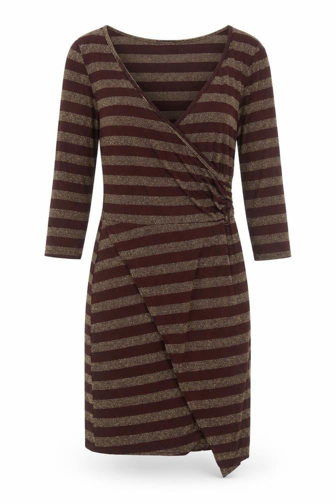 Front view of Acme women’s brown striped polyester a-line, size UK 10, v-neck pullover