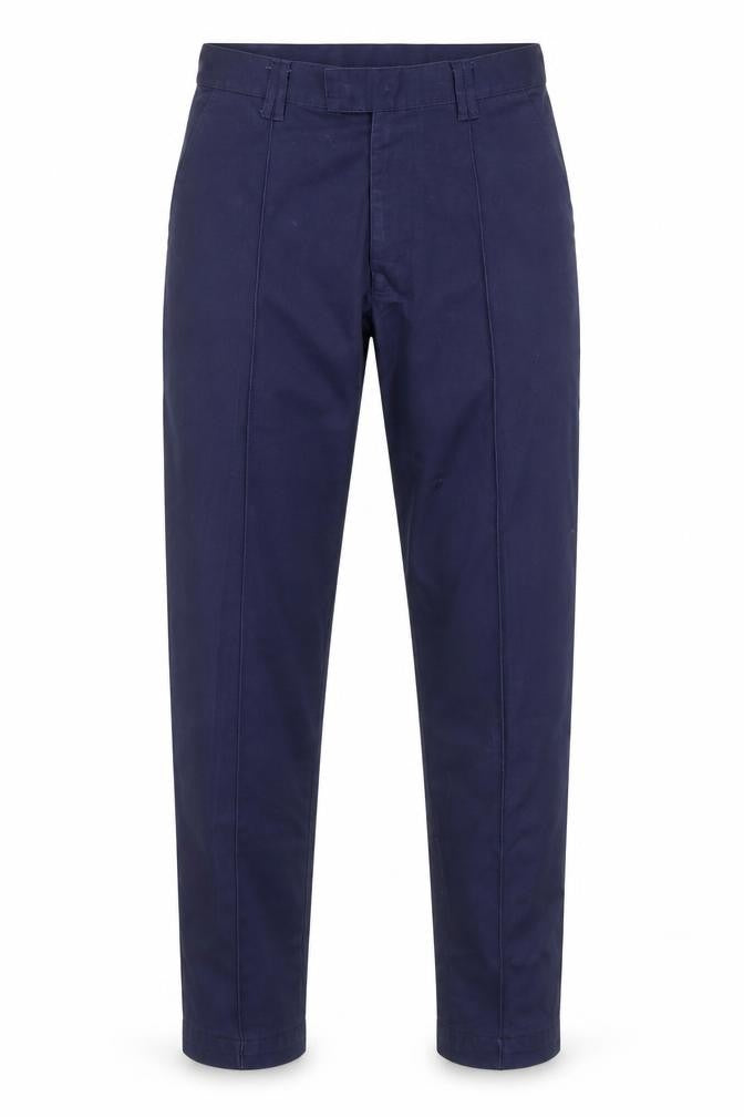 Front view of Graham Gardener men’s blue polyester trousers, size 32, in regular zip