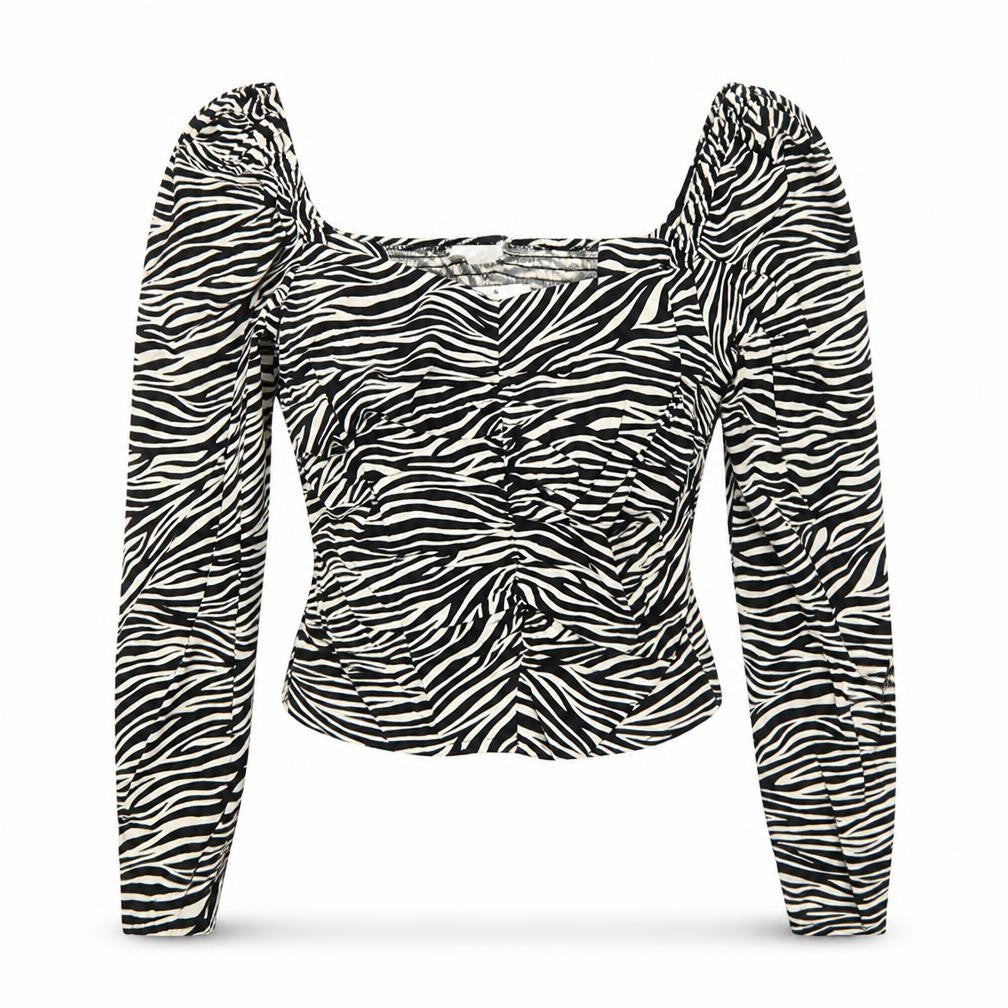Front view of H&M women’s black animal print viscose basic blouse, size UK 8, square neck - tiger pattern