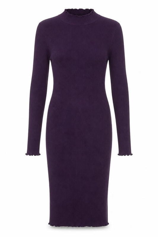 Front view of Bershka women’s purple paisley viscose bodycon, size M, round neck pullover