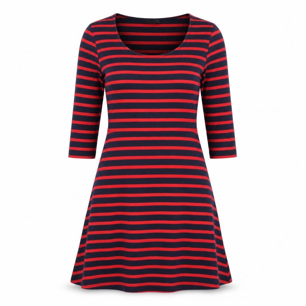 Front view of Johnnie B. women’s blue striped polyester fit & flare, size M, round neck pullover