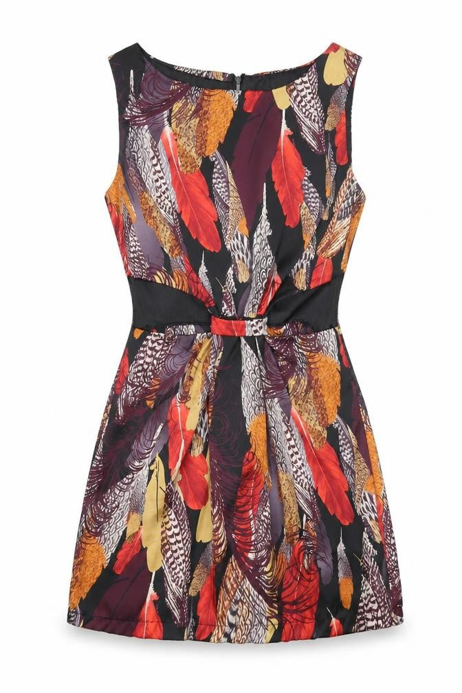 Front view of Love women’s multicoloured geometric polyester a-line, size S, boat neck zip