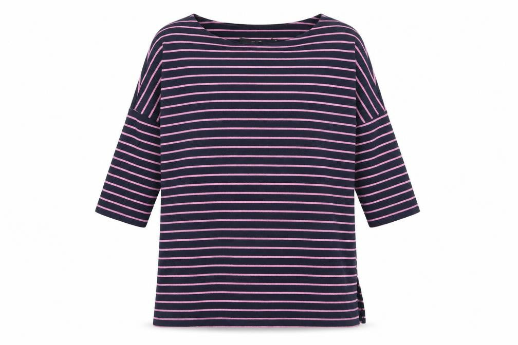 Front view of Vero Moda women’s blue round neck striped cotton jumper, size S
