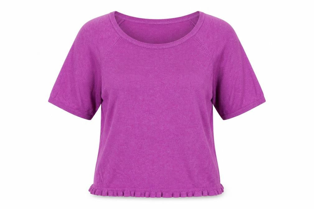 Front view of Monsoon women’s purple round neck viscose jumper, size M