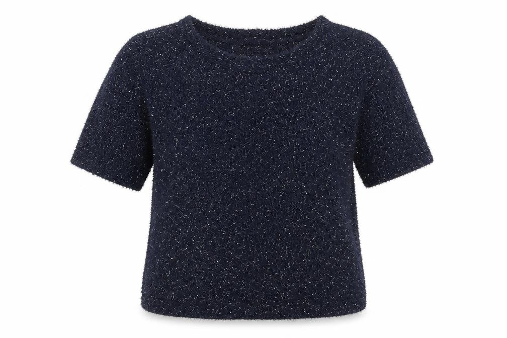 Front view of New Look girls’ blue round neck geometric polyester jumper, size 12-13, years pullover